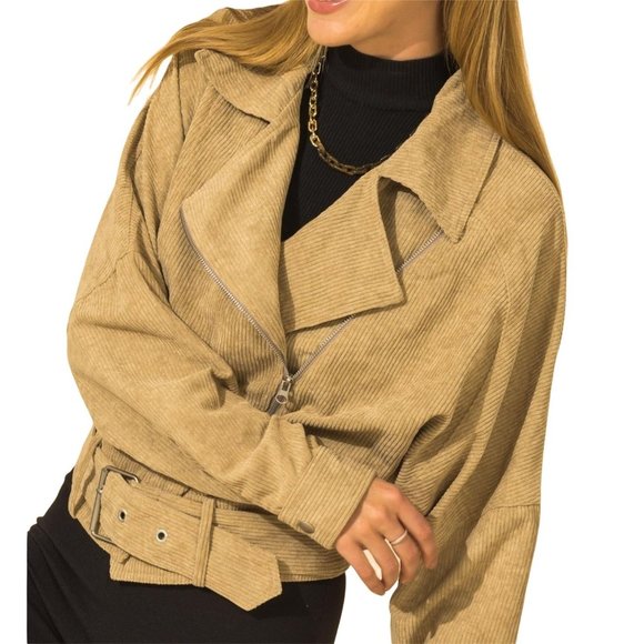 HYFVE WOMENS BEIGE SHORT CORDUROY JACKET W/SIDE ZIP /WAISTED BUCKLE - S/M/L - Picture 1 of 14